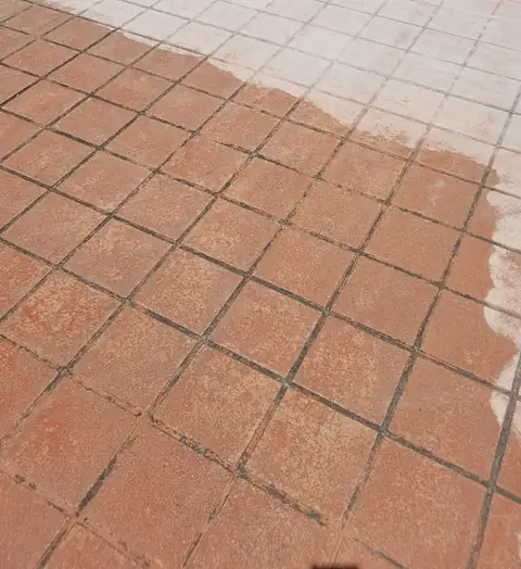 Terracotta pavers with a pale coat going on across one side
